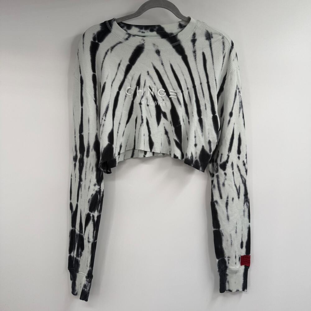 CHNGE Crop Thermal Sweatshirt M Black White Tie Dye Waffle Knit Organic Cotton